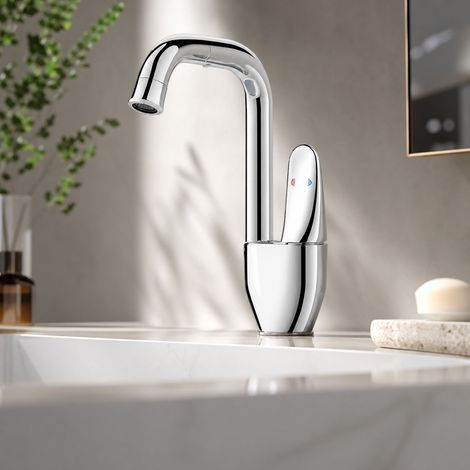 Robinet lavabo pivotant en laiton massif, mitigeur eau chaude et froide avec bec orientable 360°, finition gris brossé PVD (1/5)