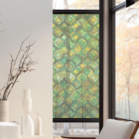 Stickers décoratifs électrostatique, losanges, vert, géométrique, raccordable, effet vitrail, 150 cm X 67,5 cm (1/2)