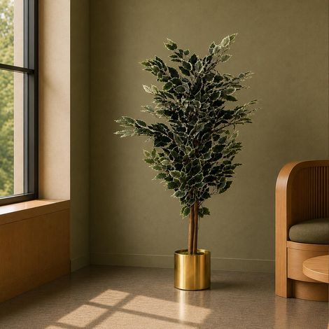 130cm Variegated White/Green Bushy Ficus Tree Gold Metal Planter - Premium Quality (1/5)