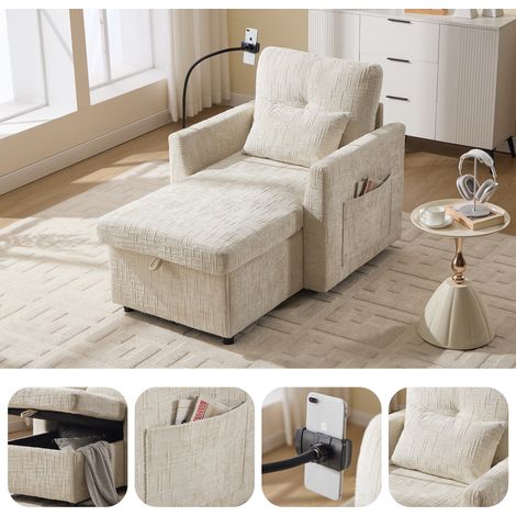 Divano relax 125x84.5x87cm con supporto per telefono et vano contenitore - poltrona lounge dal design moderno - ciniglia - beige
