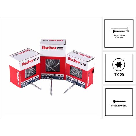 Fischer  200x Power-Fast  II FPF  II PTF  4 x  15 mm  BC testa  a padella  con impronta  Torx TX20  filettatura completa,  zincata blu  passivata -  670233