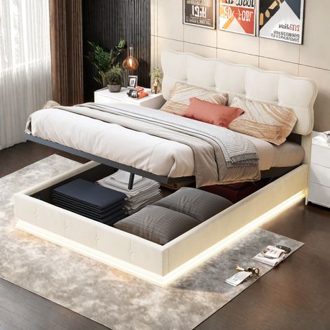 Betten mit Stauraum 140x190, mit integrierter LED-Beleuchtung - Doppelbett mit Stauraum, Lattenrost, Samtbezug, modernes Design, Beige