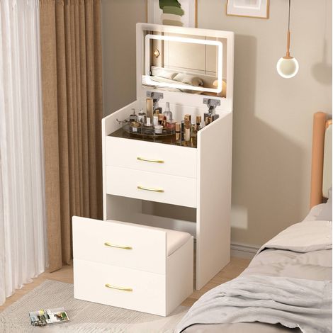 Coiffeuse 3 en 1 avec miroir rabattable, tabouret et 3 tiroirs, 60x40x118 cm, blanche (1/5)
