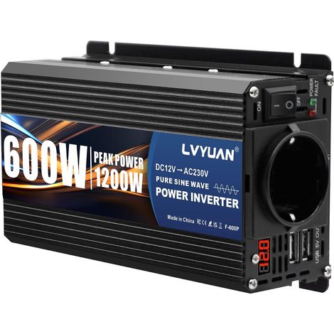 Convertisseur 12V 220V 600W /1200W Transformateur Onduleur Inverter  Convertisseur de tension Auto Cigarette Adaptateur avec 2 ports USB et prise EU (1/5)