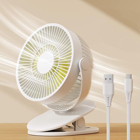 Mini ventilateur à pince, petit ventilateur USB avec batterie rechargeable 4000 mAh, 4 vitesses, max 14 heures, petit et silencieux pour lit, bureau, poussette - Blanc laiteux