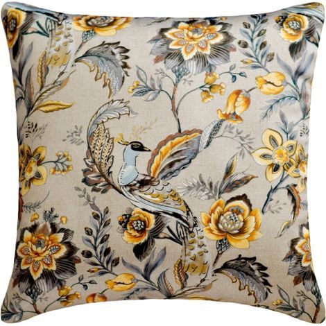 Housses de coussin grises et jaunes 35,5 x 35,5 cm, coussins de canapé en satin à motif paon, motif floral style Art déco - Blog Paon (1/5)