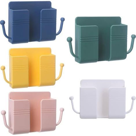 Set mit 5 wandmontierten Handyhaltern - Selbstklebend - Multifunktionale Aufbewahrungsbox aus Kunststoff fürs Schlafzimmer (weiß, gelb, grün, rosa, blau)