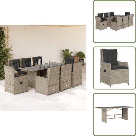 9-tlg. Garten-Essgruppe mit Kissen Hellgrau Poly Rattan - Gartengruppe - Gartenmöbel - Esstisch - Gartenset - Lounge Set (1/5)