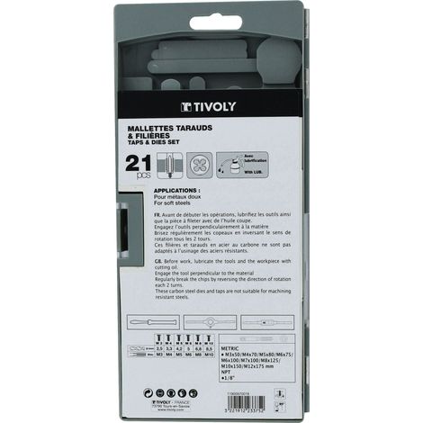 Tivoly • Scatola da 21 pezzi - 9 Maschi da M3 a M12 + 9 Matrici da M3 a M12 + 1 Cacciavite + 1 Portamaschi + 1 Portafiliera