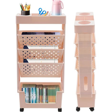 Petite étagère de rangement à roulettes, Petite bibliothèque, Chariot pliable avec 5 niveaux et roues pivotantes à 360°, Pour salon, cuisine, bibliothèque, chambre à coucher, bureau, Rose