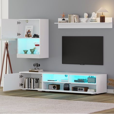 TV Möbel Set mit LED Hochglanz 3-teilig Weiß 175 cm OKMYHOME (1/5)