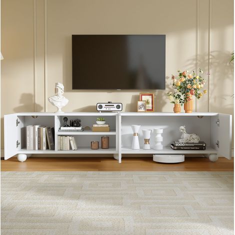 Mueble TV 200x40x44 cm blanco en tablero de partículas con 3 puertas, estantes semiabiertos y 5 patas (1/5)
