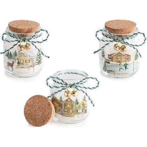 Candele profumate di Natale in barattolo vetro con decorazioni paesaggio natalizio innevato, coperchio di sughero, set da 6 pezzi, Ø 6 cm x 7,5 H