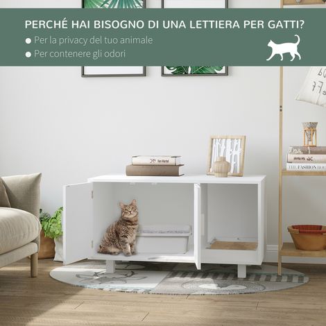 Armoire à litière féline en bois blanc, 2 battants avec accès latéral et grattoir intégré (1/5)
