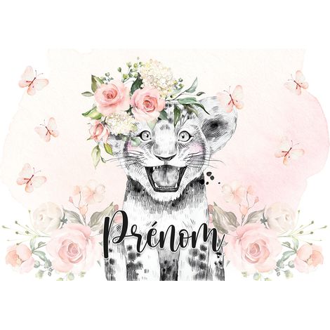 Papier peint panoramique enfant avec prénom personnalisable - Lion Fleurs - 130 cm x 90 cm (1/2)