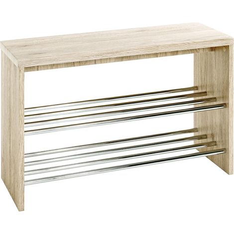 Banc à Chaussures, Chrome et chêne, étagère à Chaussures avec Assise, Banc d'entrée, MDF et métal - Dimensions : L 81 x H 55 x P 30 cm Style : Moderne (1/5)