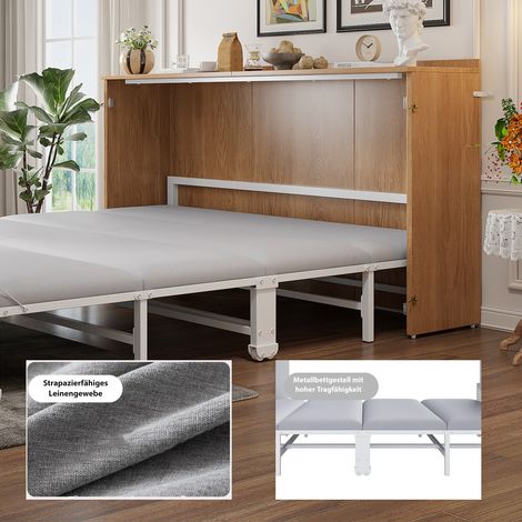 Lit escamotable 140x200 cm, cadre de lit mural pliable avec matelas en lin, lit d'appoint compact à structure métallique et roulettes silencieuses (1/5)