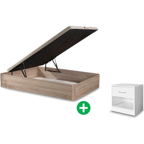 Pack Cama Canape Abatible + Mesita de Noche 1 Cajon Blanco