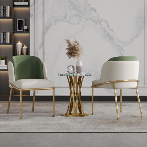 Set aus 2 Esszimmerstühlen, verstellbare Fußpolster, Eisenbeine, PVC Kunstleder, Grün und Gold (1/5)