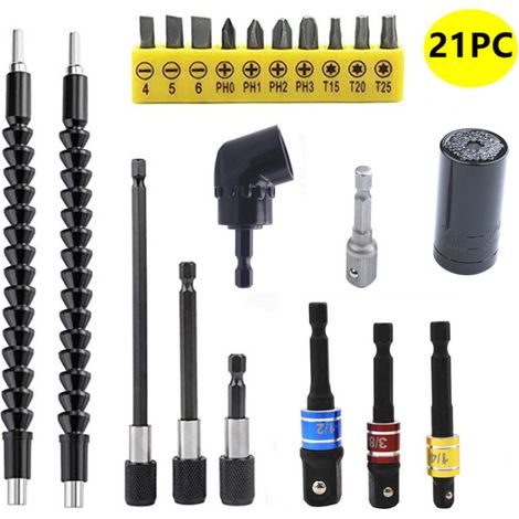 Kit de rallonge flexible pour foret – angle droit 105° – adaptateurs 1/4" 3/8" 1/2", porte-foret 3p, embouts tournevis inclus (1/5)