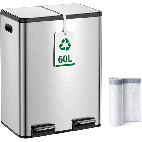 Poubelle Cuisine 2 X 30L à Pédale, 60L Poubelle Tri Sélectif Recyclage Double Compartiment Inox,Couvercle Soft Close Silencieux,2 Seaux Amovibles Intérieurs,Anti-Odeurs (Argent) (1/5)