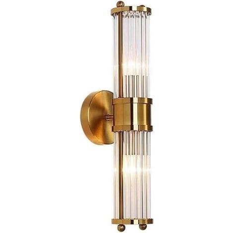 Aplique de pared de cristal, 46 cm, aplique tubular vertical, casquillo E14, color cobre, doble cabezal, adecuado para el salón. (1/5)
