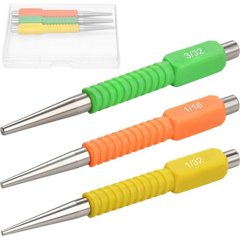 3 pièces comprenant un poinçon à clous, un enfonce-clou de 1/32", 1/16" et 3/32", un jeu de clous et un poinçon central. Outil de pose de clous à code couleur avec poignée antichoc (1/4)
