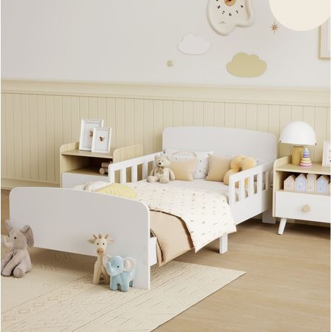 Lit enfant 140x70 cm en MDF blanc avec barrières, pour petits espaces, sans matelas – MEUBLIV (1/5)