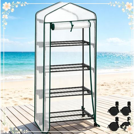 Serra da giardino con ruote, 70 x 50 x 163 cm, con 4 ripiani, porta arrotolabile, bianca DESVIAE (1/5)