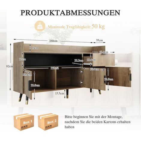 Buffet design moderne avec étagères ouvertes, tiroirs fonctionnels et portes battantes double face. Rails silencieux, structure en bois solide – parfait pour salon, salle à manger ou bureau. (1/4)