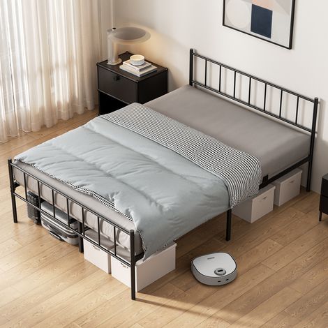 Metallbett 160x200 cm, Doppelbett, Rahmen mit Kopfteil und Stauraum 32 cm. 14 Metalllattenrost, 9 Füße, schwarz
