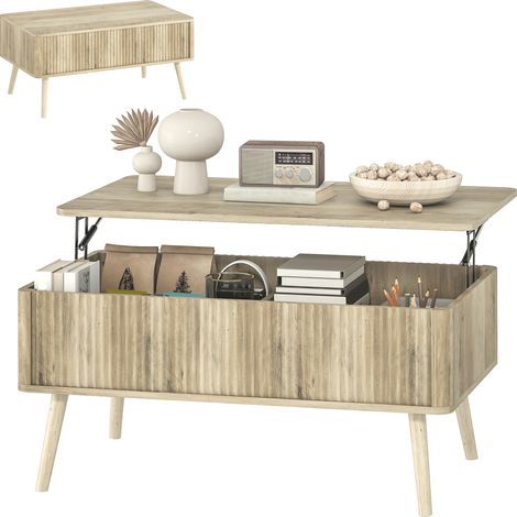 Table basse relevable, table de salon avec 2 compartiments cachés et pieds en pin, 91 x 56 x 43 cm, chêne (1/5)