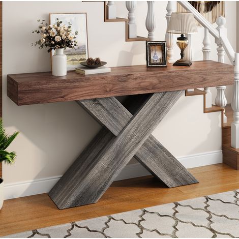 Table console 140x30x80 cm noyer – piètement en X, panneaux de particules, entrée salon MEUBLIV (1/5)