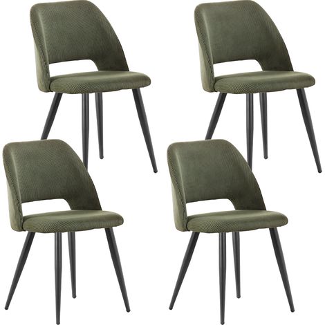Lewe – Lot de 4 chaises de salle à manger en velours côtelé – Rembourrage mousse haute densité – Pieds en métal noir – Vert armée