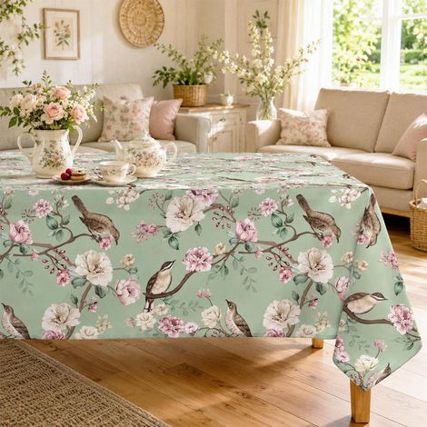 Rechteckige Tischdecke 140x180 cm Salbeigrün mit Vogelmotiv