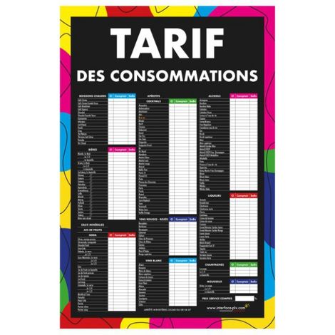 Adhésif TARIF DES CONSOMMATIONS moderne dimensions 61 x 41 cm
