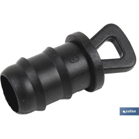 Tapón final para riego 16 mm, diseño escalonado y resistente para evitar fugas.