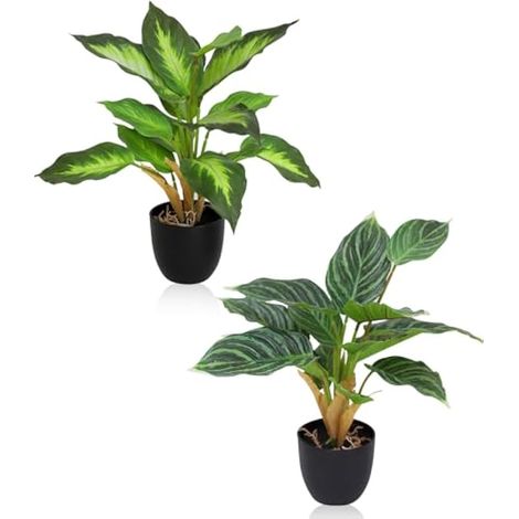 2 Pièces Plantes Artificielles Décoratives en Pot 37 cm, Plante Artificielle avec Pot, en Plastique, à Rayures et Centre Jaune pour Chambre, Bureau, Table, Plantes Décoratives (1/4)