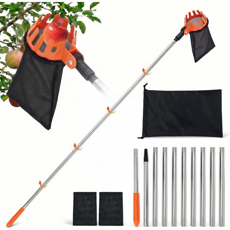 Cueille-Fruits XL Renforcé, 4 m, Télescopique, 10 Manches, Pomme, Cerise, Jardin, Verger, Récolte, Inox, Grand (1/5)