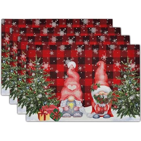 Ensemble de 4 sets de table nains d'hiver, sets de table en lin à motifs flocons de neige et sapins de Noël, sets de table antidérapants à carreaux rouges et noirs pour enfants (1/5)