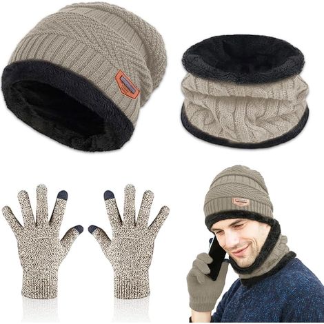 Tricoté Chaud Cache-Cou Extensible, 3 Pièces Bonnet écharpe Gants d'écran Tactile Doublure Molleton Doux Chapeau Bonnet D'hiver Écharpe Ensemble de Gants pour Homme Femme (1/5)