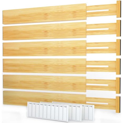 Séparateurs de tiroir en bambou avec étiquettes, réglables, cuisine, organisation extensible pour la maison, le bureau, les commodes et la salle de bain, 6 séparateurs (43,2 à 55,9 cm) (1/5)