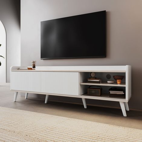 Mueble TV 160x40x58 cm blanco, tablero de partículas con 2 cajones y puertas correderas (1/5)
