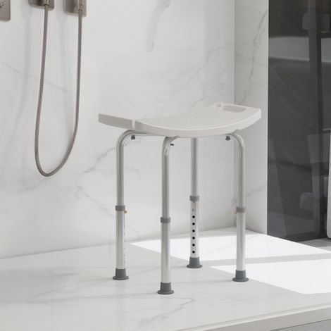 Höhenverstellbarer Duschsitz, ergonomischer Duschhocker, rutschfeste Füße, max. Belastbarkeit 136 kg, Aluminium, HDPE, Weiß (1/5)