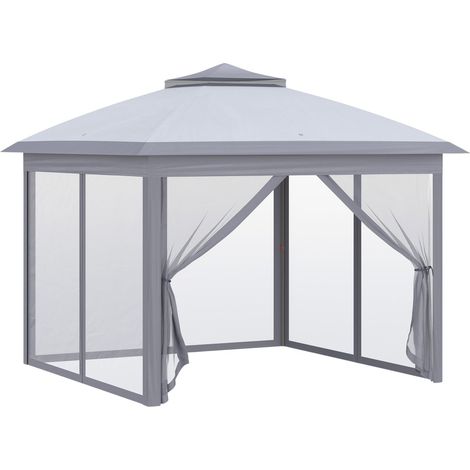 Tonnelle Carpa de jardín plegable, 3 x 3 m, doble techo, 4 mosquiteras extraíbles + bolsa de transporte, tela Oxford, metal gris