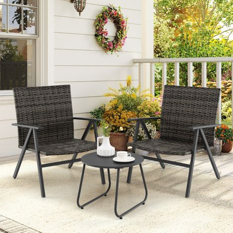 Ensemble de Bistro de Patio 3 Pièces Fauteuils de Loisirs en Cadre Métallique & Table D'appoint Ronde avec Siège et Dossier en Rotin Gris (1/3)