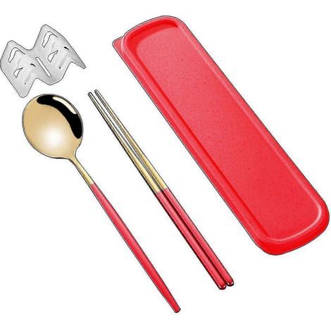 Ensemble de couverts coréen style anti-poussière en acier inoxydable (baguettes, fourchette, cuillère) pour un usage quotidien Kaesi Kb-3pcs-Red Golden (1/5)