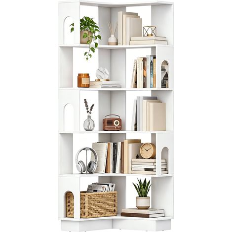 Bibliothèque d'angle - HOMCOM - étagère de rangement à 6 niveaux avec panneaux latéraux arqués - bois - 60 x 60 x 165,5 cm - blanc (1/5)