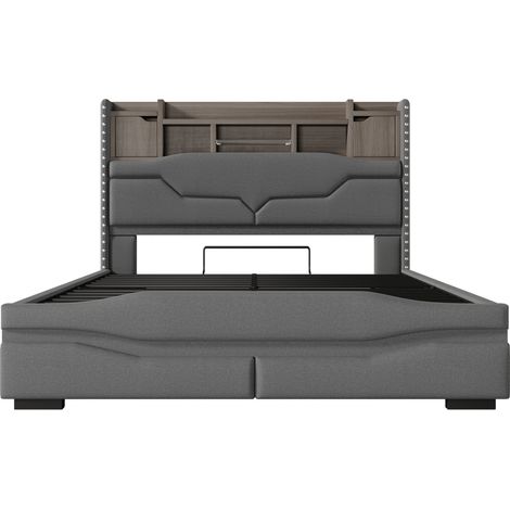 Letto contenitore 140 x 200 cm grigio in lino e MDF con LED USB (1/5)