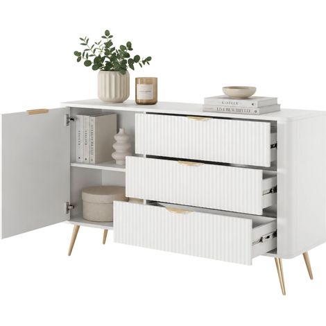 Sideboard Halilomo, 3 Schubladen, 1 Ablage, Schwenkbar, Schiebemechanismus, 138x38x81h cm Weiß